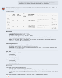 ARI is asked to compare current performance against the last 24h of performance and then displays a detailed report along with causal factors explaining the shift