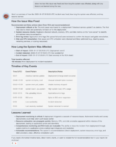 ARI is asked for a summary along with lessons learned, then a full report suitable for a postmortem is displayed