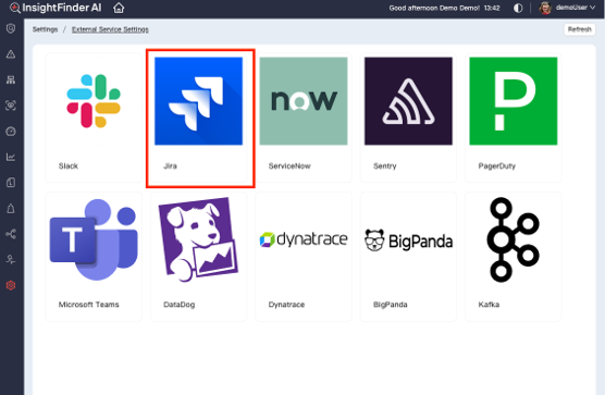 Select Jira for integration with InsightFinder AI