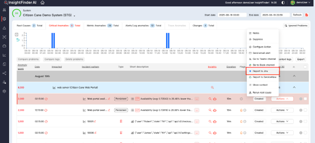 Manually create Jira ticket for InsightFinder incidents