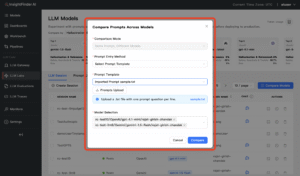Screenshot of the LLM Labs prompt template feature, showing how you upload prompt packs and select which models to run them against.