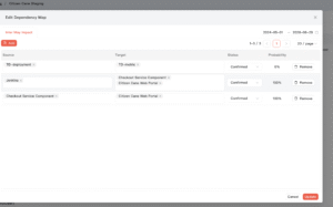 Edit Dependency Map window showing source and target components with status selectors, probability percentages, and add or update controls.