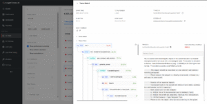 Detailed LLM trace view showing workflow steps, token counts, duration, and anomaly score.