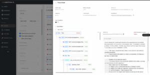 Session detail with satisfaction score, trace breakdown, and structured root-cause analysis.