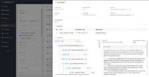 LLM trace list showing PII leakage detection, malicious prompt classifications, and evaluation failures.