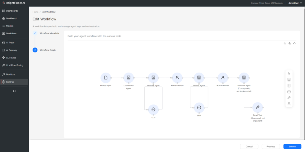 Multi-agent tracing workflow canvas
